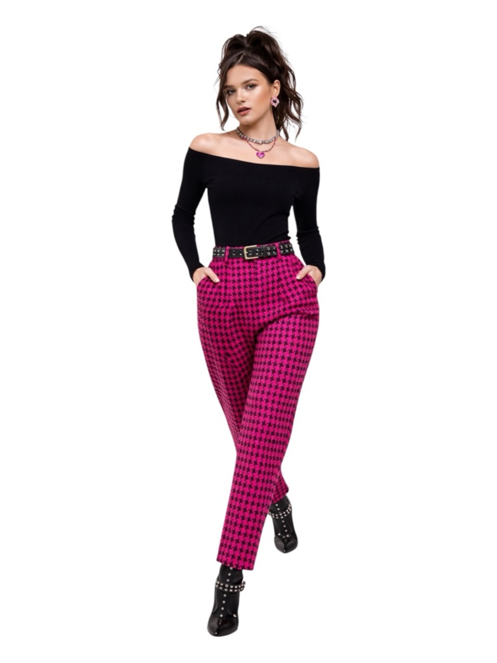 Vintage Hot Pink Houndstooth High Waisted Pants Suze 9 Retro Menswear Trouser